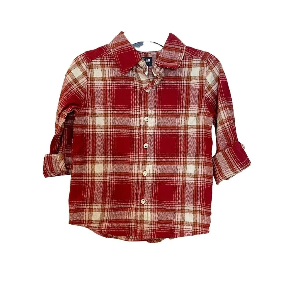New OSHKOSH B'GOSH Kid's Cozy Flannel Button-Front Checked Shirt in Red size 5.